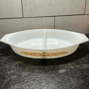 Pyrex divided serving bowl. This “Royal Wheat” casserole features gold wheat